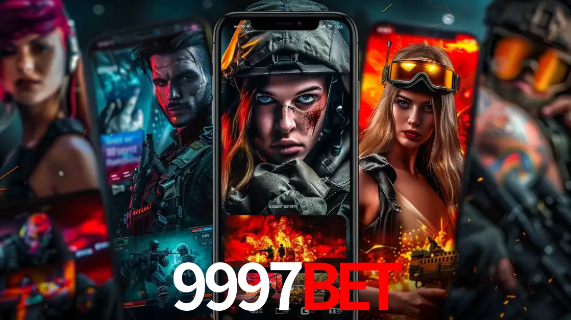 Montagem de telas de celular mostrando diversos personagens, masculinos e femininos, de um jogo de tiro, ilustrando a diversidade de equipes de e-sports para apostar no 9997BET.