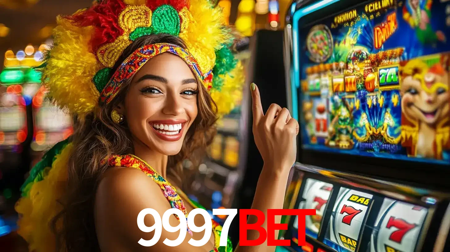 Mulher animada com um cocar de carnaval apontando para uma máquina de caça-níqueis, mostrando a emoção de ganhar um grande prêmio nos jogos do 9997BET.