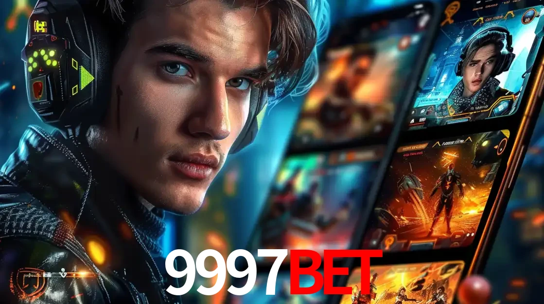 Jovem jogador com fones de ouvido olhando para a câmera, com um aplicativo de jogos e e-sports para celular ao fundo, pronto para a competição e apostas no 9997BET.