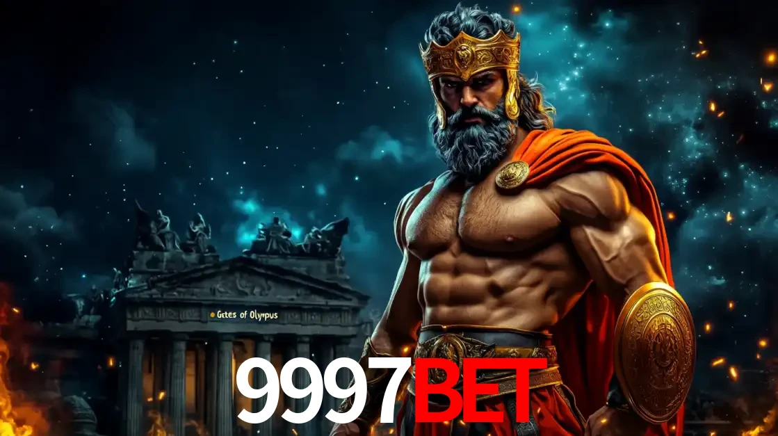 O poderoso Zeus do jogo de slot Gates of Olympus em frente ao seu templo, pronto para lançar multiplicadores divinos e prêmios épicos no cassino online 9997BET.