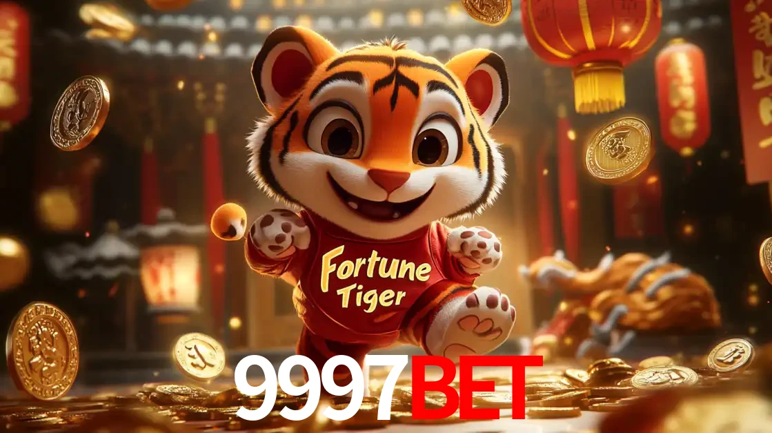 O alegre personagem do Fortune Tiger correndo sobre um caminho de moedas de ouro, simbolizando os grandes prêmios e a diversão do popular jogo de slot do 9997BET.