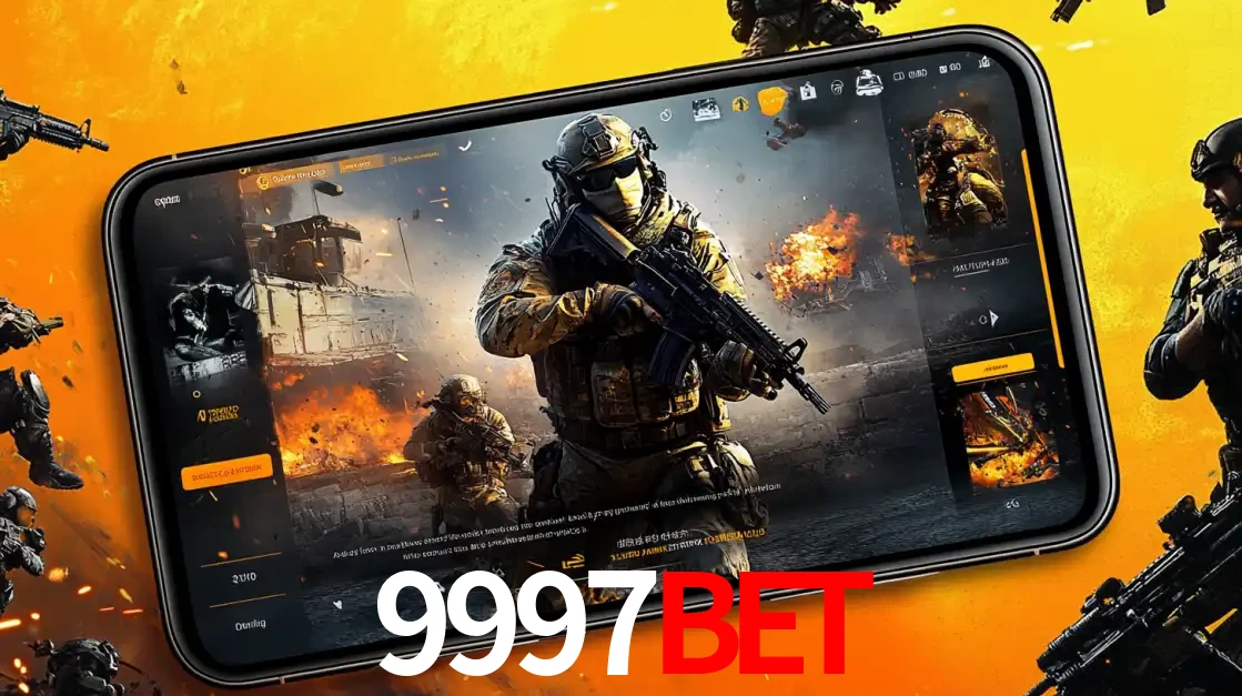 Um smartphone exibindo a interface de um jogo de tiro em primeira pessoa, com um soldado em um cenário de batalha, representando a ação dos e-sports para apostar no 9997BET.