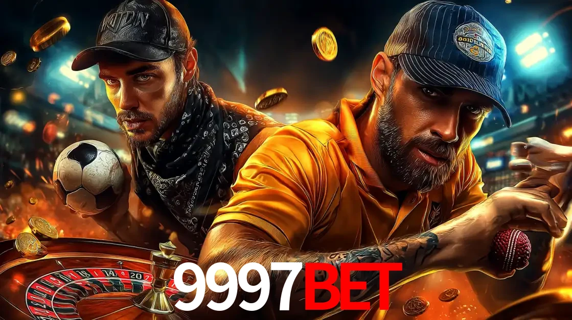 Montagem de apostas esportivas e cassino no 9997BET, com um homem segurando uma bola de futebol e outro uma de beisebol sobre uma roleta e moedas voadoras.