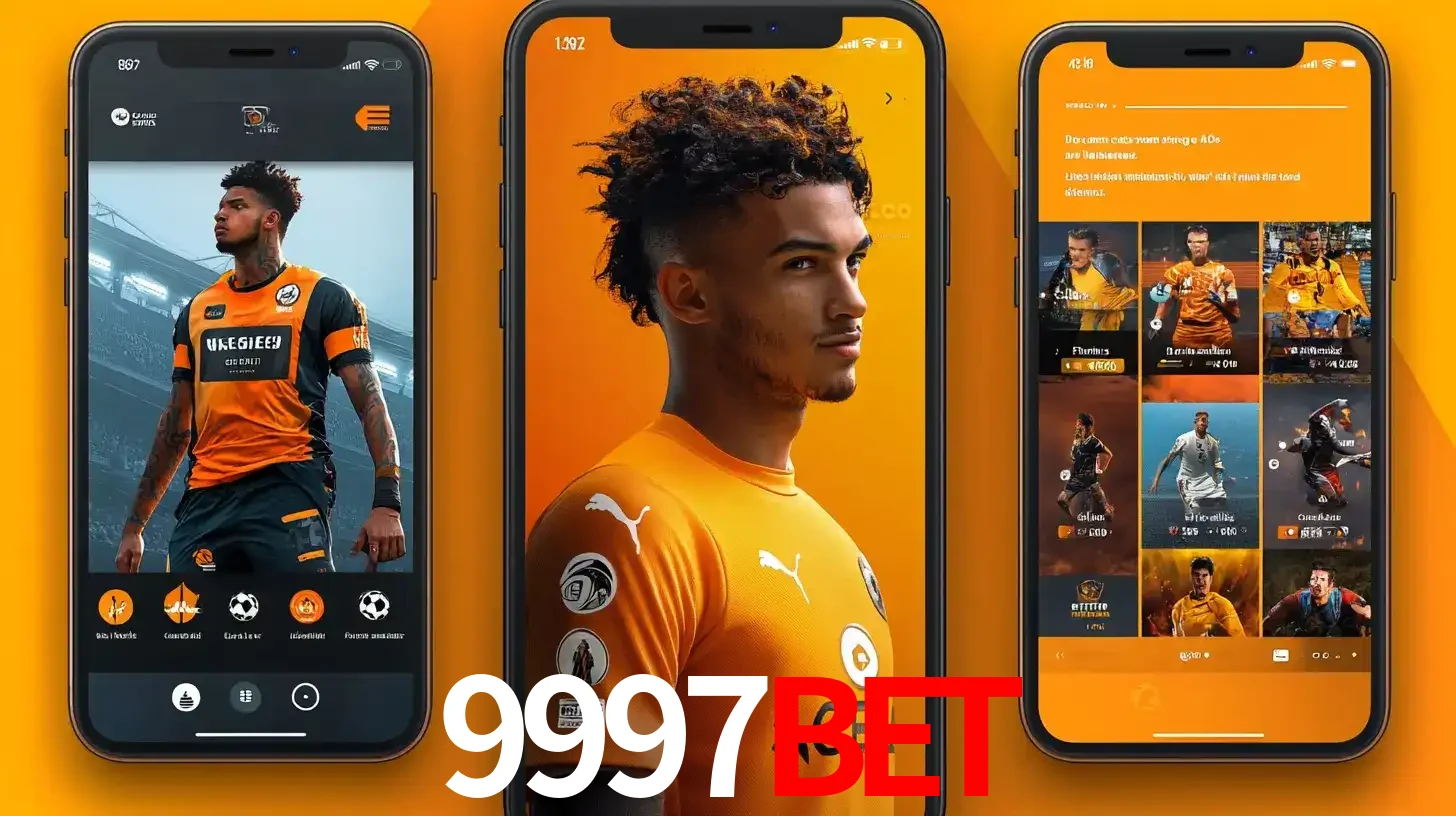 Interface do aplicativo de apostas esportivas 9997BET em três telas de celular, mostrando o perfil de um jogador de futebol e a lista de jogos disponíveis para apostar.