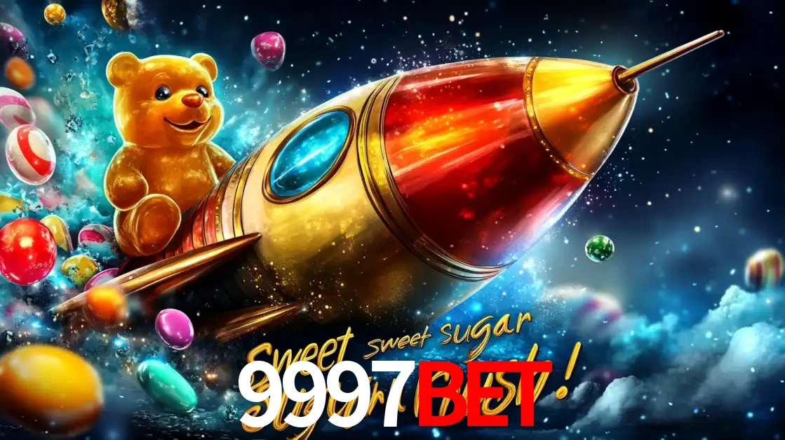 Arte promocional do jogo de slot Sugar Rush, com um urso de pelúcia em um foguete viajando pelo espaço de doces, um dos jogos divertidos disponíveis no cassino 9997BET.