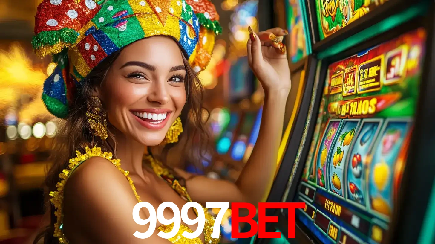 Mulher feliz com traje de carnaval amarelo e colorido ao lado de uma máquina de caça-níqueis, aproveitando a diversão e os jogos temáticos do cassino 9997BET.