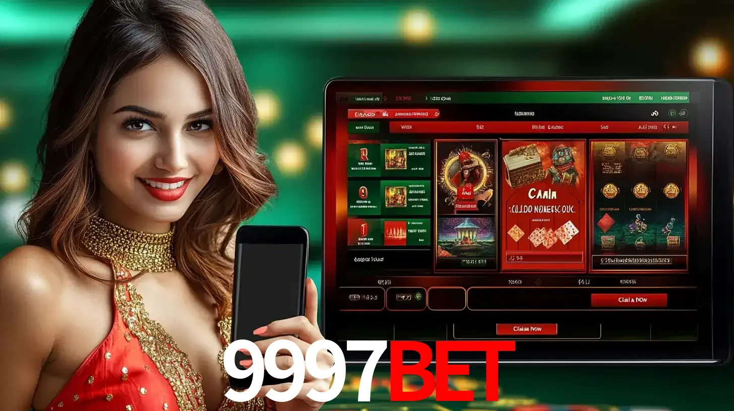 Mulher sorridente segurando um smartphone, ao lado de uma tela exibindo o lobby de jogos do cassino online 9997BET, com várias opções de jogos de cartas e slots.